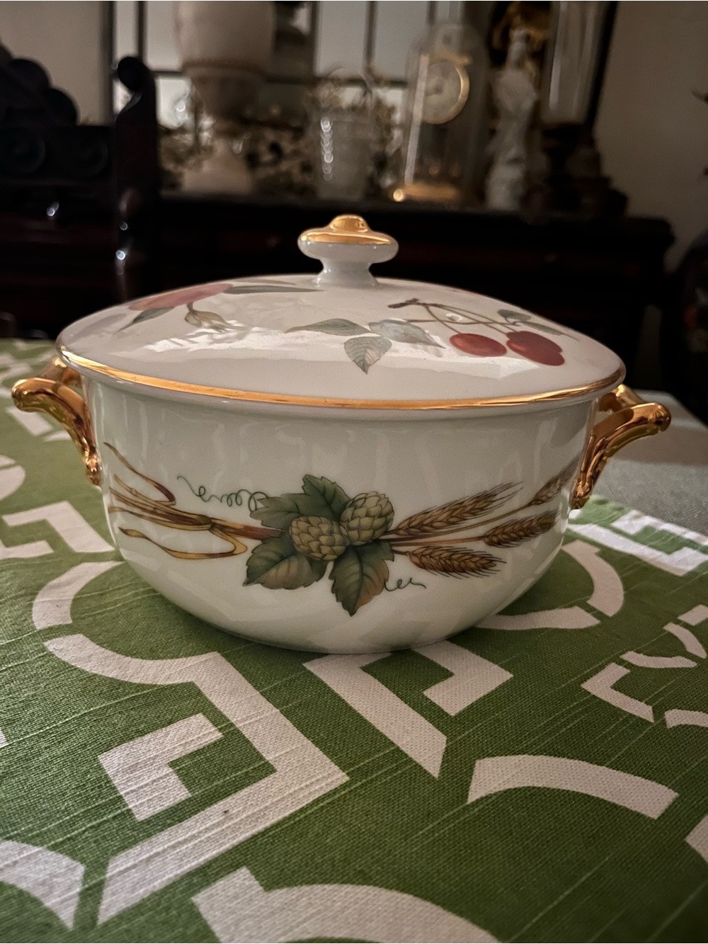Fine Porcelain Covered Serving Bowl with Gold Accents and Botanical Motif